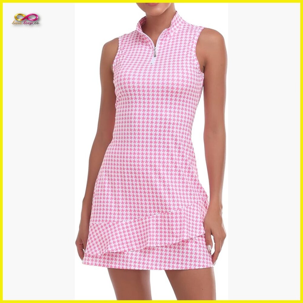 Sleeveless Tennis Dress With Shorts And Pockets Ruffle Zip Collar Activewear